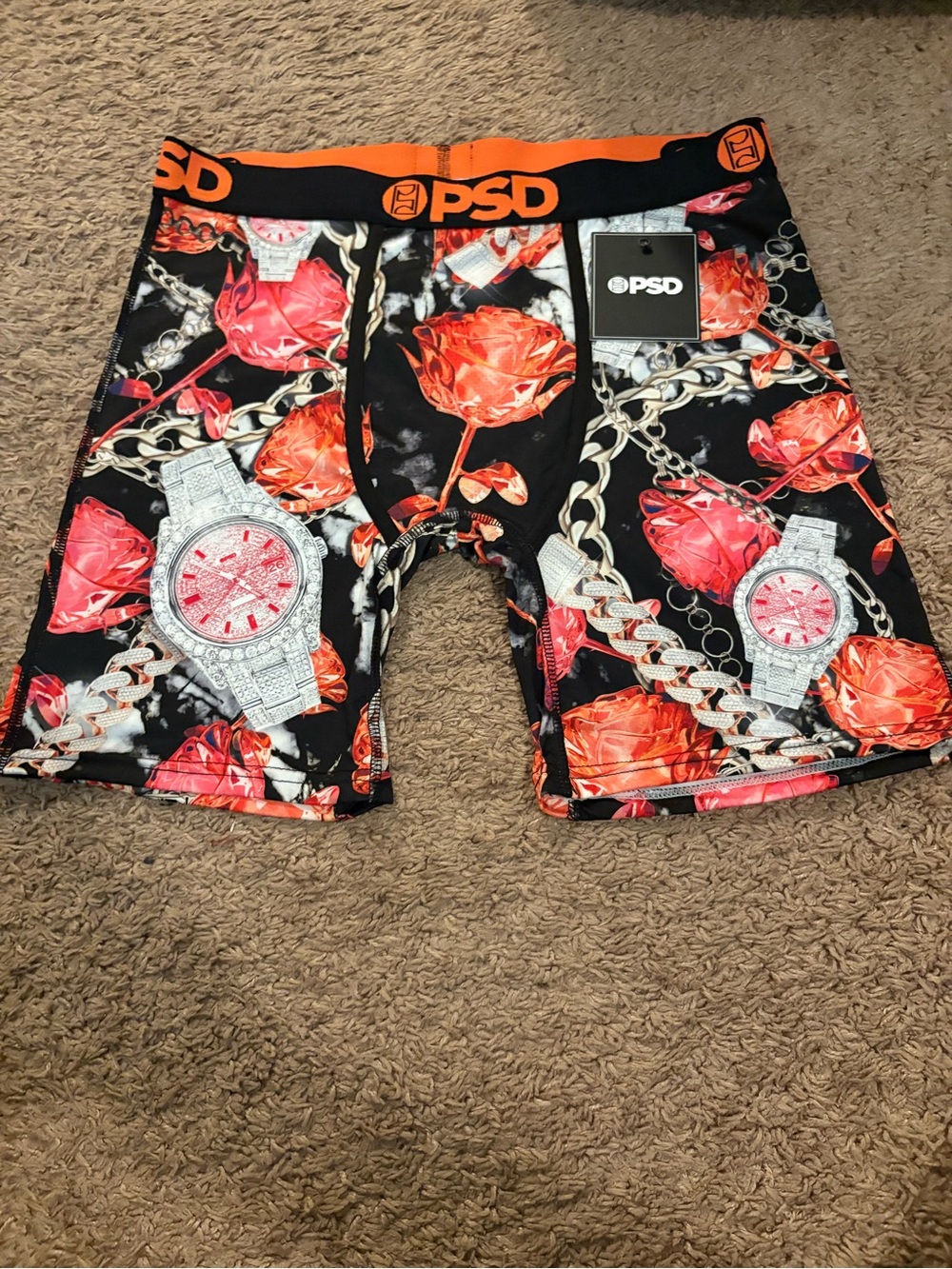 PSD Men’s Black & Orange Floral and Watch Print Athletic Boxer Shorts